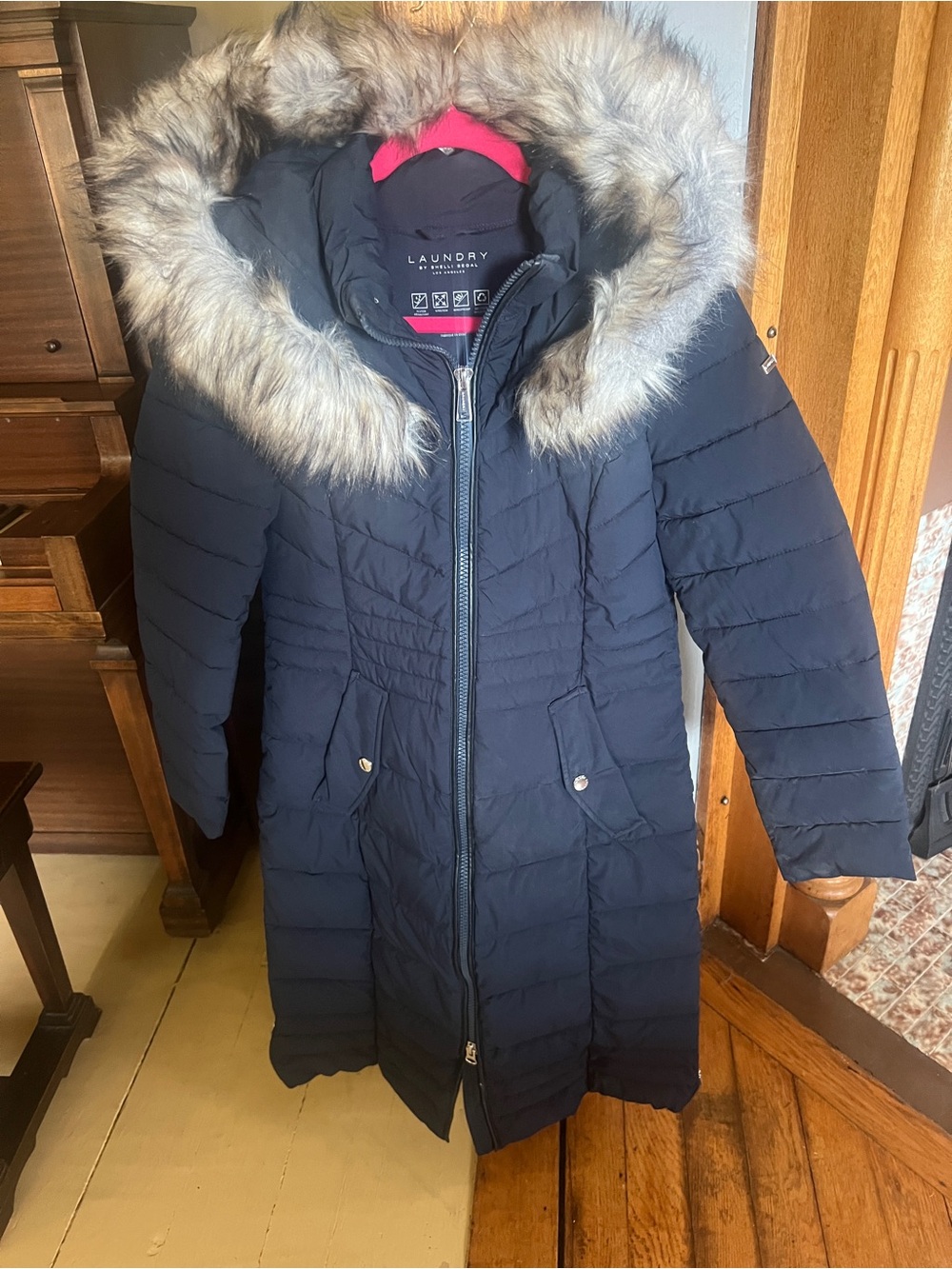 Laundry By Shelli Segal Navy Quilted Long Puffer with Faux Fur Hood